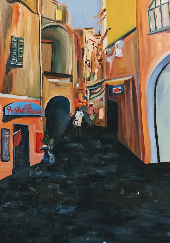 An oil painting of a street scene.